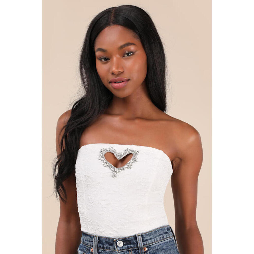Lulus Amias White Jacquard Cutout Crop Top - Size M
